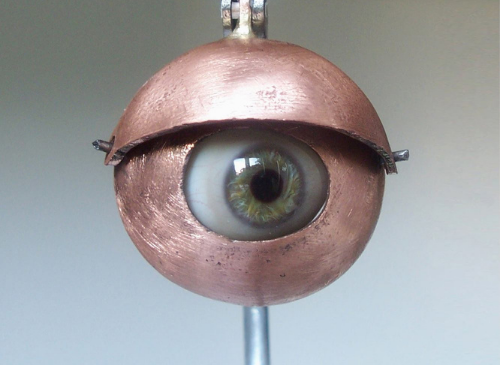 A brass metal eye ball looks directly at the viewer. The eye looks like a realistic human eye, in a grass metal eyeball.