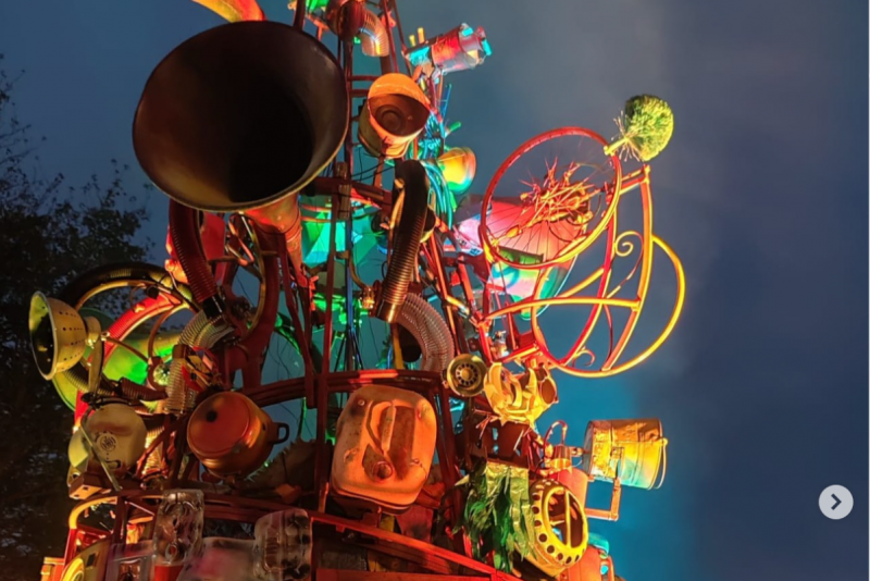 colourful sculpture made of recycled items and musical instruments